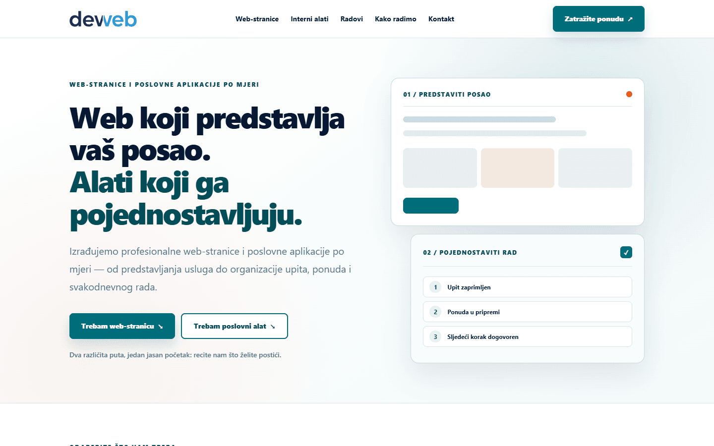 Naslovnica deweb stranice s jasno odvojenom ponudom web-stranica i poslovnih alata